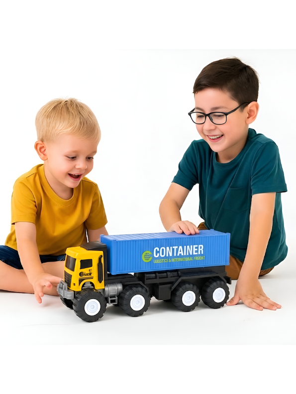 Heavy-Duty Friction Powered Container Truck Toy with Alloy Core Build, 8-Wheel Monster Tires & Durable Transport Design for Kids (Yellow & Blue) TV4472