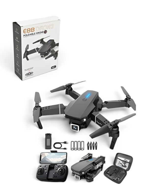 E88 Foldable Drone with 4K Dual Camera, WiFi FPV RC Quadcopter for Beginners – Headless Mode, Altitude Hold, Gesture Control, Portable Design with Carrying Case TV2755
