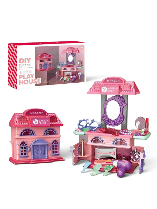 2-in-1 DIY Makeup Vanity & Dollhouse Playset for Kids – 31-Piece Pretend Beauty Station TV6025