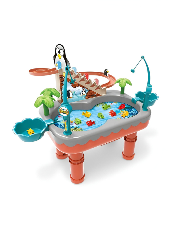2-in-1 Interactive Penguin Paradise Water Table & Electric Fishing Game for Kids – Montessori Educational Toy with Music, Magnetic Fishing Rods & Automatic Penguin Slide for Toddlers TV1754