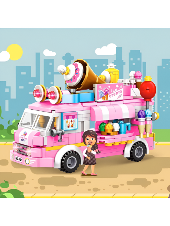 Pink Ice Cream Truck Building Blocks Set – 623+ Piece 3-in-1 City Food Van Construction Toy for Girls, Creative Educational Pretend Play Gift for Kids Ages 6+ MD2531