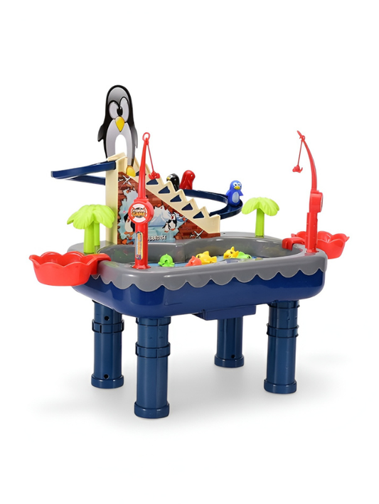2-in-1 Interactive Penguin Paradise Water Table & Electric Fishing Game for Kids – Blue Montessori Educational Toy with Music, Magnetic Fishing Rods & Automatic Penguin Slide for Toddlers TV1754