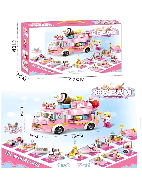 Pink Ice Cream Truck Building Blocks Set – 623+ Piece 3-in-1 City Food Van Construction Toy for Girls, Creative Educational Pretend Play Gift for Kids Ages 6+ MD2531