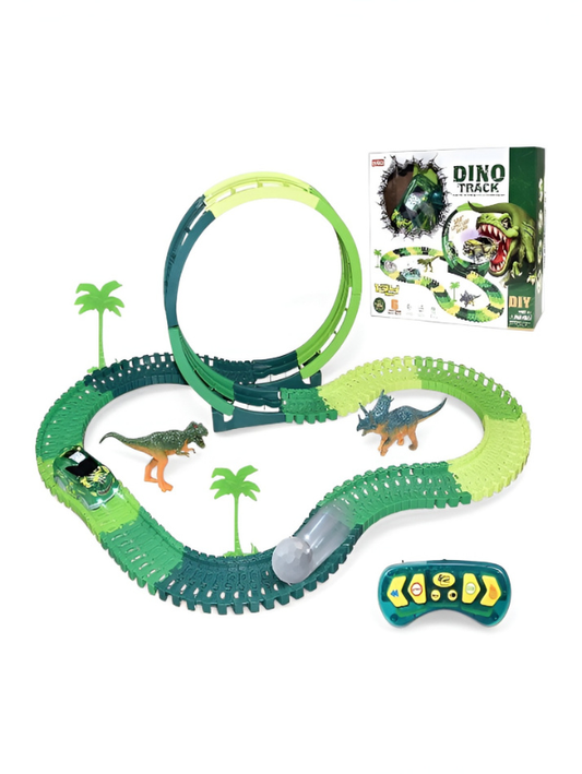 134-Piece Remote Control Dinosaur Track Set with 360° Stunt Loop & LED Racing Car – Educational Buildable Dino Track Toy for Kids MD380