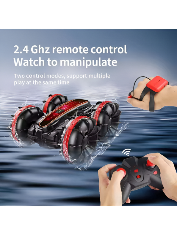 2-in-1 Amphibious RC Stunt Car with Gesture Control – Red All-Terrain Remote Control Vehicle for Land & Water Adventures TV2584