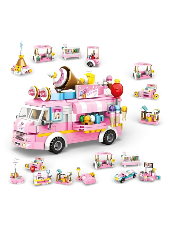 Pink Ice Cream Truck Building Blocks Set – 623+ Piece 3-in-1 City Food Van Construction Toy for Girls, Creative Educational Pretend Play Gift for Kids Ages 6+ MD2531