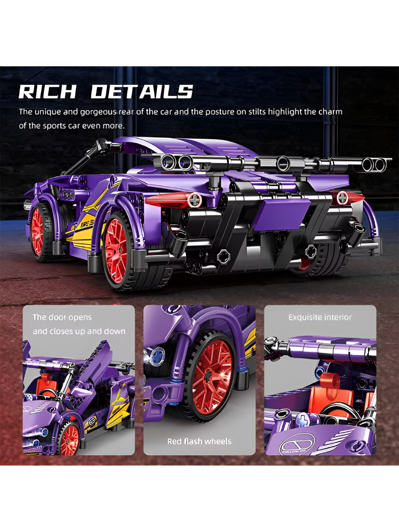 Mechanical Supercar Building Block Set – 1:18 Scale Purple Pull-Back Racing Car Toy with Scissor Doors & Rotating Steering Wheel – Creative STEM Kit for Kids Ages 6+ TV6044