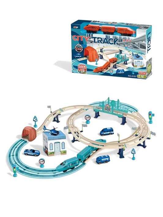 Electric City Electric Train Track Set for Kids – 74-Piece High-Speed Multi-Level Rail Playset with Bridges, Tunnel & Police Vehicle Accessories | Educational STEM Building Toy MD17