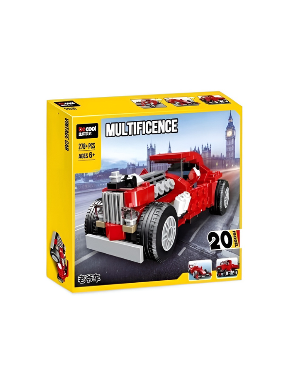 Multificence 20-in-1 Vintage Car Building Block Set (278 Pieces) – Red Retro Hot Rod DIY Construction Kit for Kids Ages 6+ | Creative STEM Educational Toy MD2139
