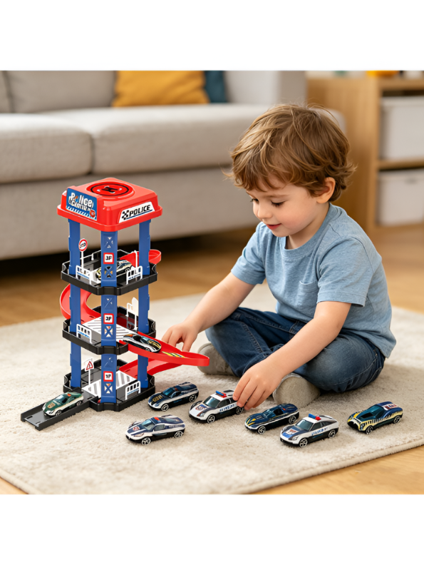 3-Tier Police Station Toy Car Garage Playset for Toddlers - Includes Race Track - Educational Emergency Rescue City Parking Building for Kids Ages 3+ TV6006