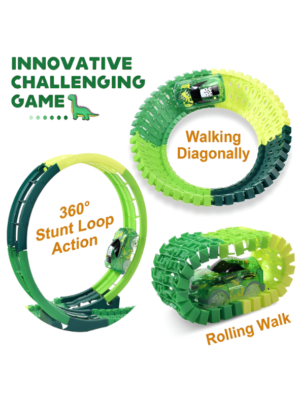 134-Piece Remote Control Dinosaur Track Set with 360° Stunt Loop & LED Racing Car – Educational Buildable Dino Track Toy for Kids MD380