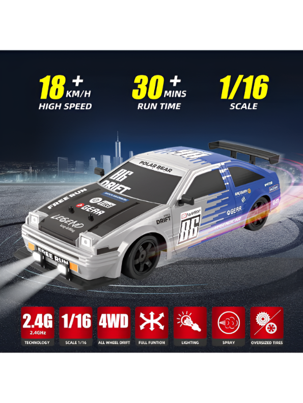 Polar Bear 86 Legend: 1/16 Scale 4WD High-Speed RC Drift Car – 2.4GHz Professional Remote Control Racing Vehicle with Dual Tire Sets and Mist Spray Function TV6387