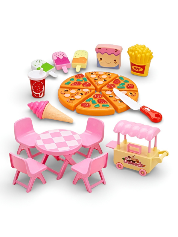 3-in-1 Pretend Play Fast Food & Dessert Playset for Toddlers – Pizza, Sweets & Picnic Table Toy Kitchen Roleplay for Girls & Boys TV1495