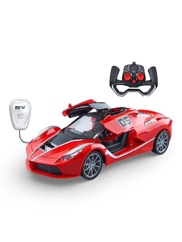 1:14 Scale High-Speed Rechargeable Remote Control Supercar – Electric RC Sports Car with Butterfly Doors, EV Charging Station Model & 2.4GHz Steering Wheel Controller (Red Velocity Series) MD2789