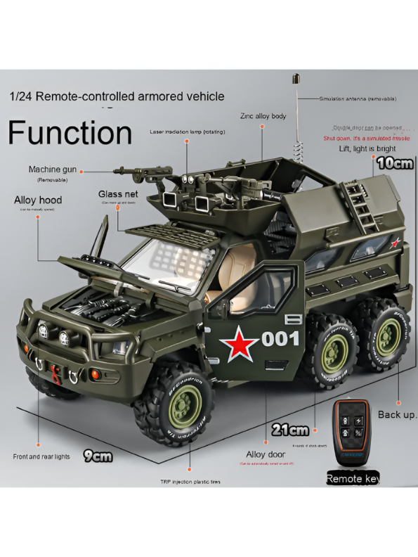 Tiger Alloy RC Armored Vehicle: 1/24 Military 6x6 Off-Road Truck with Removable Machine Gun, Simulation Sound & Lighting, and Functional Hood/Doors TV5619