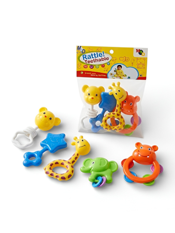 Baby Rattle and Teether Set (5 Pieces) – Colorful Animal Sensory Toys for Infants & Toddlers, BPA-Free, Safe & Developmental Play MD1109