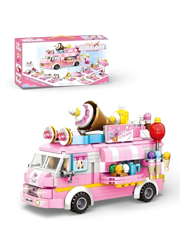 Pink Ice Cream Truck Building Blocks Set – 623+ Piece 3-in-1 City Food Van Construction Toy for Girls, Creative Educational Pretend Play Gift for Kids Ages 6+ MD2531