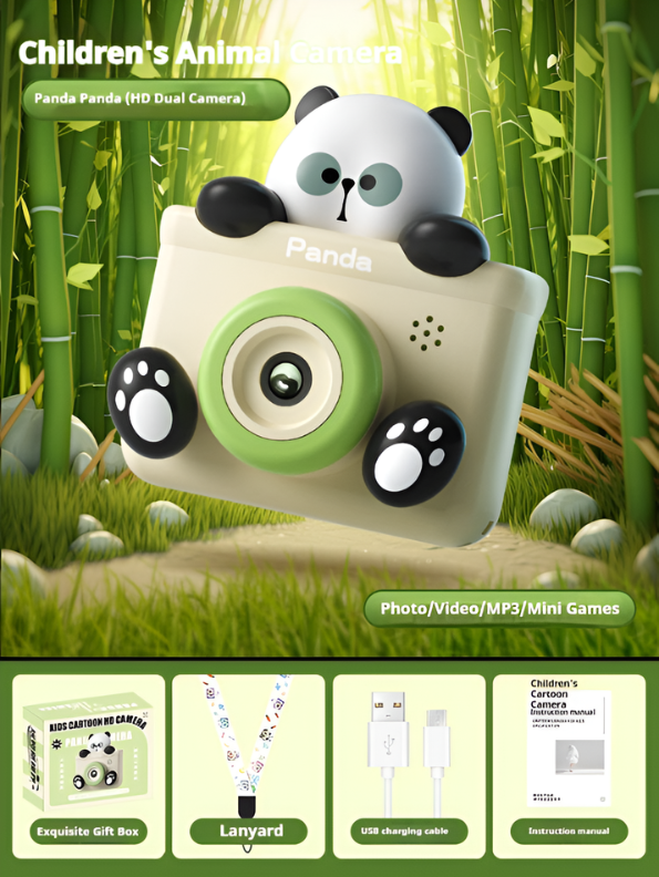Cartoon Panda Digital Camera - 2000W HD Dual Lens Toy Camera with Tripod, Lanyard, and Mini Games TV3859
