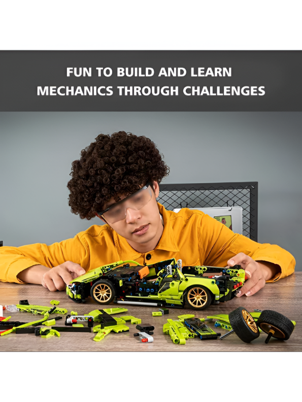 Mechanical Supercar Building Block Set -  Lime Green Sports Car with Pull-Back Action, Opening Scissor Doors & Realistic Mechanics - STEM Toy Kit for Kids & Adults TV6045