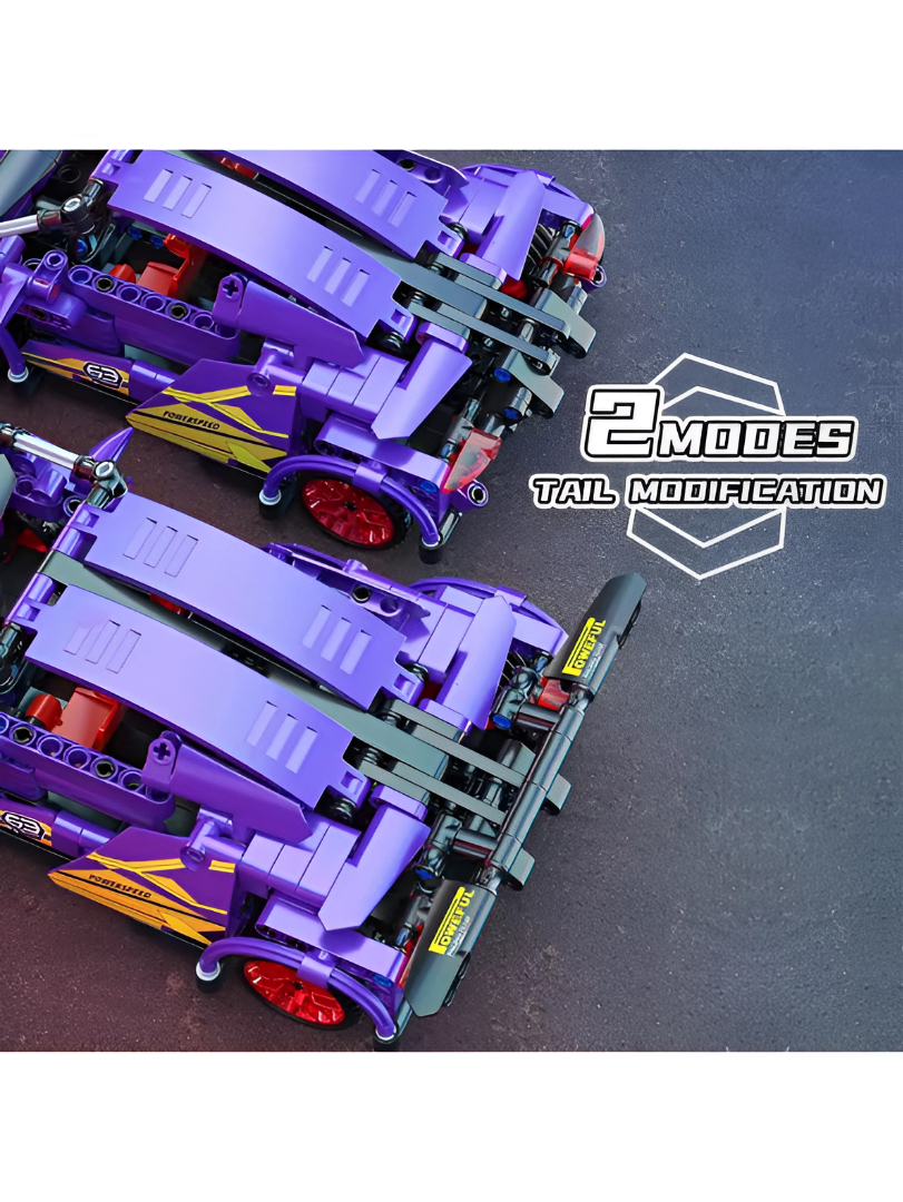 Mechanical Supercar Building Block Set – 1:18 Scale Purple Pull-Back Racing Car Toy with Scissor Doors & Rotating Steering Wheel – Creative STEM Kit for Kids Ages 6+ TV6044