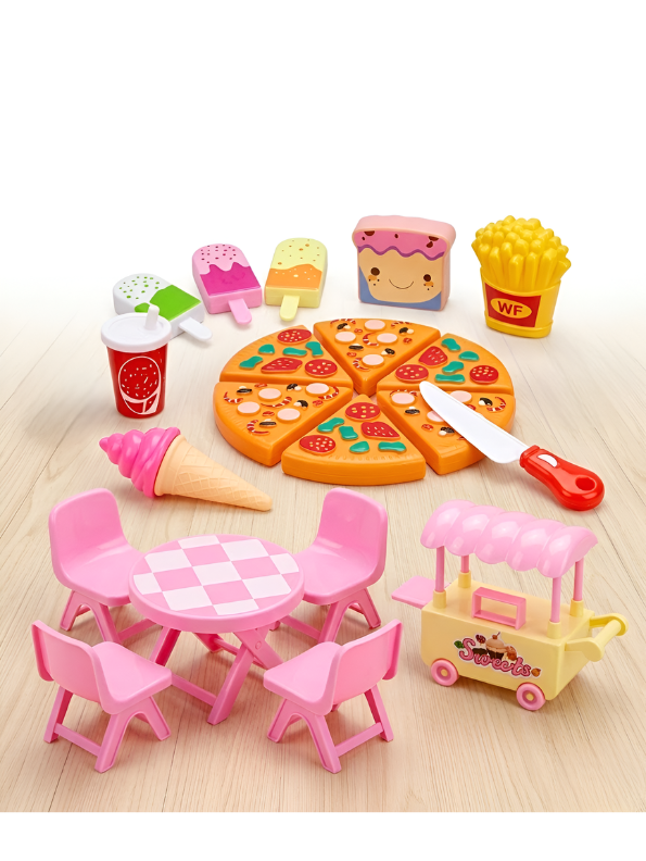 3-in-1 Pretend Play Fast Food & Dessert Playset for Toddlers – Pizza, Sweets & Picnic Table Toy Kitchen Roleplay for Girls & Boys TV1495