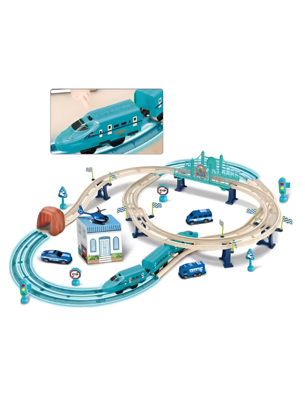 Electric City Electric Train Track Set for Kids – 74-Piece High-Speed Multi-Level Rail Playset with Bridges, Tunnel & Police Vehicle Accessories | Educational STEM Building Toy MD17