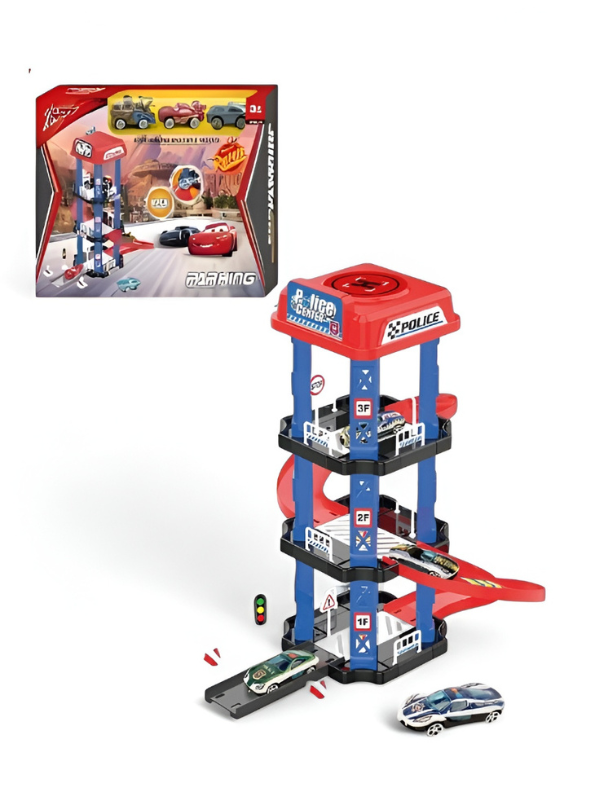 3-Tier Police Station Toy Car Garage Playset for Toddlers - Includes Race Track - Educational Emergency Rescue City Parking Building for Kids Ages 3+ TV6006