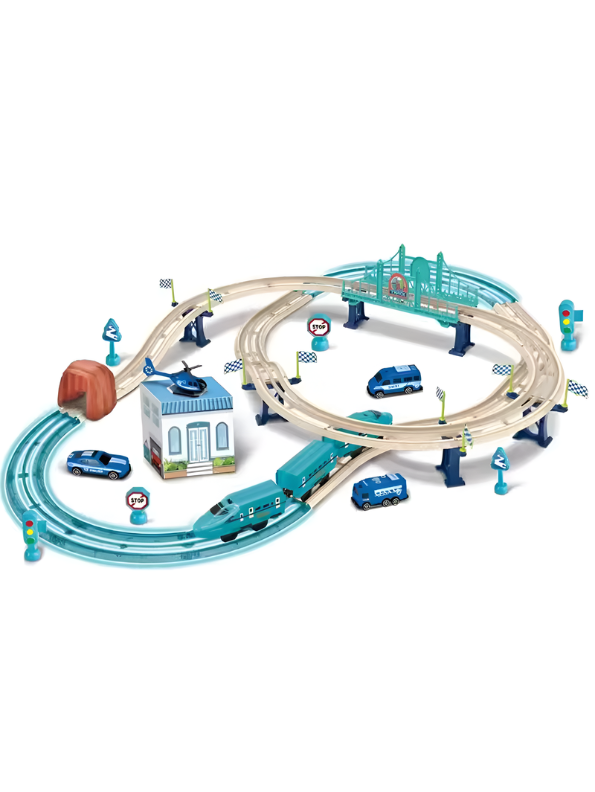 Electric City Electric Train Track Set for Kids – 74-Piece High-Speed Multi-Level Rail Playset with Bridges, Tunnel & Police Vehicle Accessories | Educational STEM Building Toy MD17