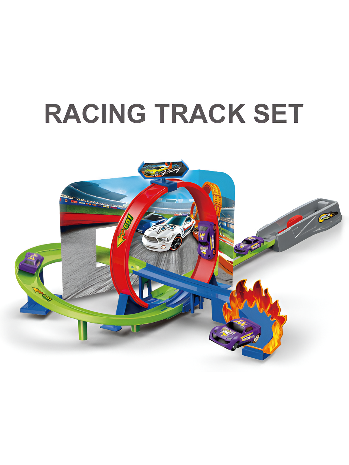 High-Speed Kids Racing Track Set with 360° Gravity Loop, Inertia Power Launcher & Fire Jump Stunt – Action-Packed Toy Car Playset for Ages 3+ TV1833