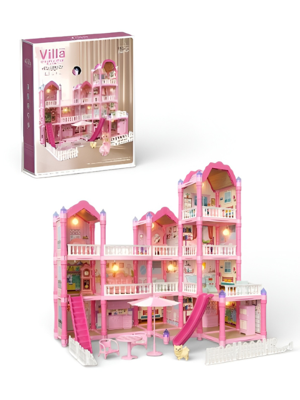 Luxury 3-Story DIY Princess Dollhouse Villa with Lights, Slide and Furniture – Large Dream House Playset with Accessories, Dolls and Pets – Creative Building Toy Gift for Girls Ages 3+ MD2882