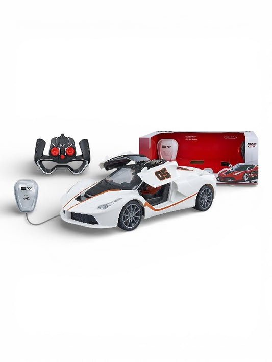 1:14 Scale High-Speed Rechargeable Remote Control Supercar – Electric RC Sports Car with Butterfly Doors, EV Charging Station Model & 2.4GHz Steering Wheel Controller (White Velocity Series) MD2789