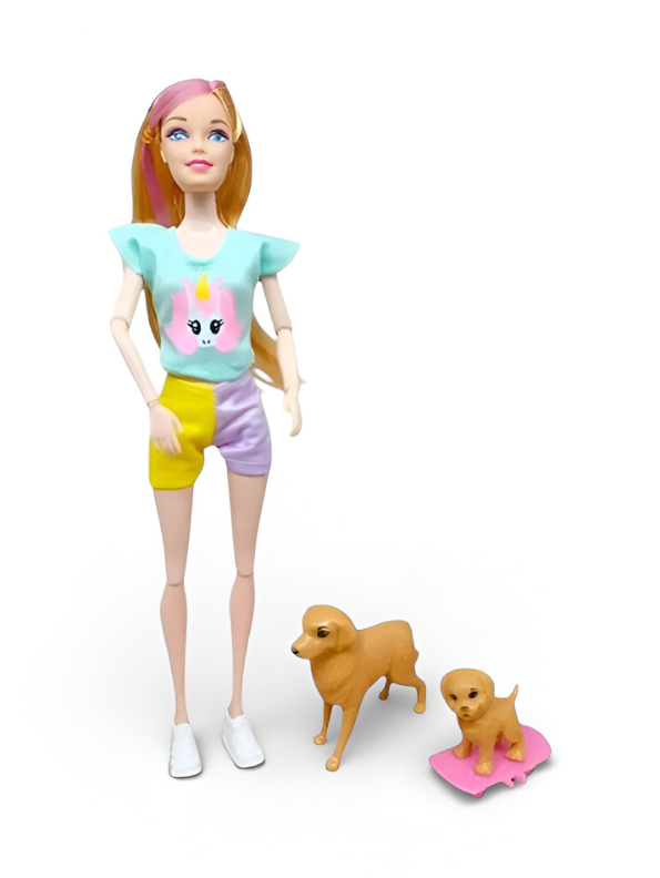 Baonier Fashion Doll & Bicycle Playset with Two Pet Dogs, Skateboarding Trailer & Interactive Accessories for Kids’ Creative Play NX15420