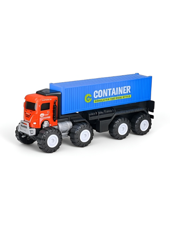 Heavy-Duty Friction Powered Container Truck Toy with Alloy Core Build, 8-Wheel Monster Tires & Durable Transport Design for Kids (Red & Blue) TV4472