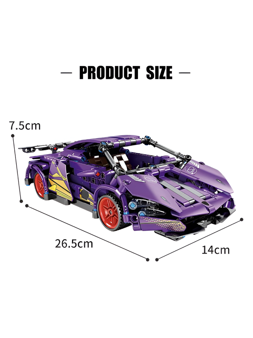 Mechanical Supercar Building Block Set – 1:18 Scale Purple Pull-Back Racing Car Toy with Scissor Doors & Rotating Steering Wheel – Creative STEM Kit for Kids Ages 6+ TV6044