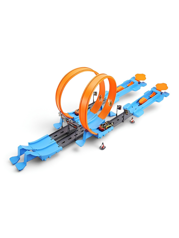 3-in-1 Dual-Lane Slot Car Race Track Set with Ejection Launch System, 360° Stunt Loops & 8 High-Speed Racing Cars – DIY Catapult Action Track Toy for Kids and Boys TV5029
