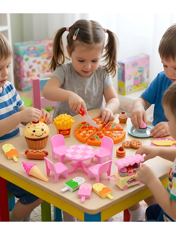 3-in-1 Pretend Play Fast Food & Dessert Playset for Toddlers – Pizza, Sweets & Picnic Table Toy Kitchen Roleplay for Girls & Boys TV1495