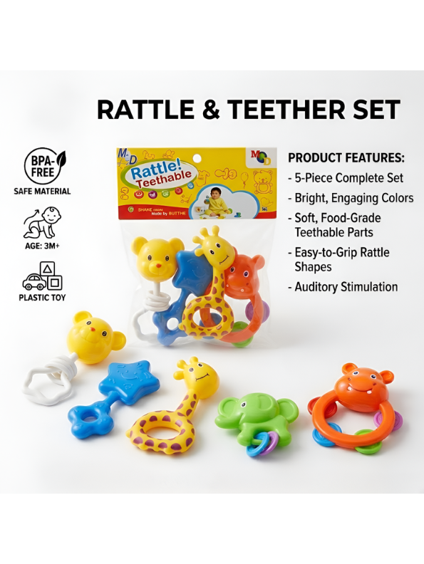 Baby Rattle and Teether Set (5 Pieces) – Colorful Animal Sensory Toys for Infants & Toddlers, BPA-Free, Safe & Developmental Play MD1109