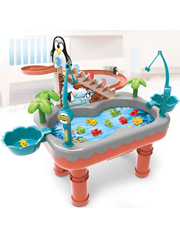 2-in-1 Interactive Penguin Paradise Water Table & Electric Fishing Game for Kids – Montessori Educational Toy with Music, Magnetic Fishing Rods & Automatic Penguin Slide for Toddlers TV1754