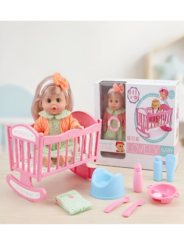 Lovely Baby Doll Playset with Rocking Cradle – Interactive Nursery Toy Set with Accessories for Kids, Educational Pretend Play Gift for Girls and Boys TV3641