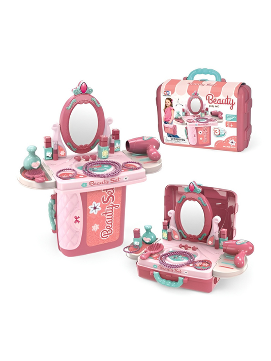 3-in-1 Kids Portable Beauty Salon Toy Set – Pretend Play Vanity Case with Accessories for Toddlers Aged 3+ TV025