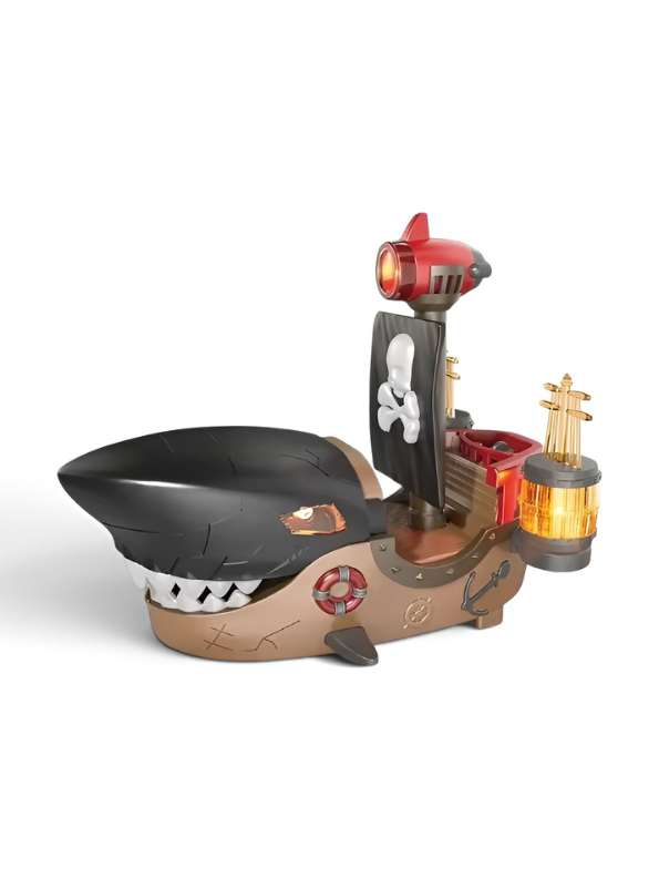Battery-Operated Mecha Shark Pirate Ship Toy for Kids with LED Lights, Music & Obstacle Avoidance – Interactive Moving Boat Nautical Adventure Play Set TV4854
