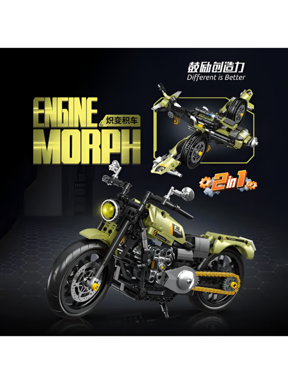2-in-1 Technic Mechanical Motorcycle Building Set - 479 PCS Engine Morph Aircraft & Chopper Model Kit - Creative Construction Toy for Teens & Adults TV6346