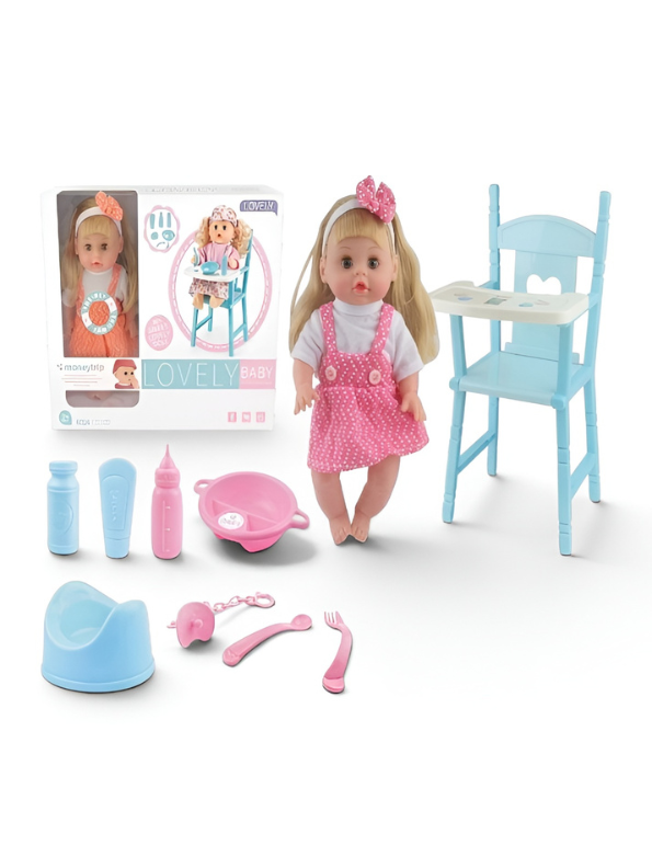 Interactive Baby Doll Playset with High Chair and Accessories – Educational Nurturing Toy Kit for Toddlers and Kids TV3642