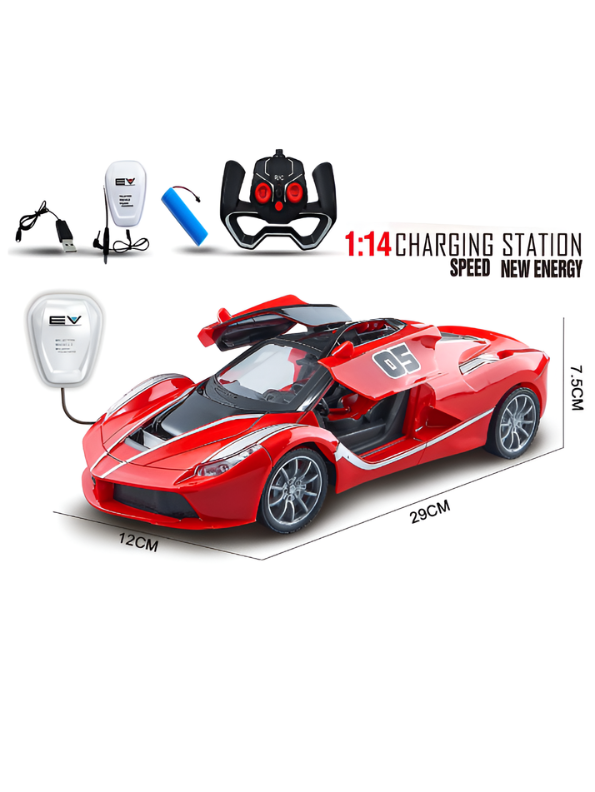 1:14 Scale High-Speed Rechargeable Remote Control Supercar – Electric RC Sports Car with Butterfly Doors, EV Charging Station Model & 2.4GHz Steering Wheel Controller (Red Velocity Series) MD2789