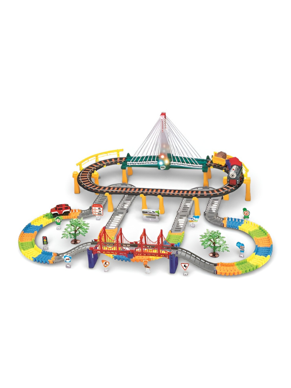 Electric Train and Race Car Track Set with Dual Bridges, 212-Piece Flexible Tracks, Light-Up Musical Locomotive – Educational DIY Construction Toy for Kids TV1424