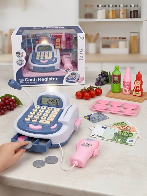 Cash Register Toy Set with Lights and Sounds, Pretend Play Supermarket Checkout Toy with Accessories and Credit Card, Educational STEM Role-Playing Learning Toy for Toddlers TV224