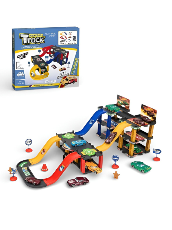 3-Level City Roller Coaster Car Track Playset for Kids – Multilevel Parking Garage Toy with Racing Ramps, Die-Cast Cars & Interactive Street Accessories MD2555