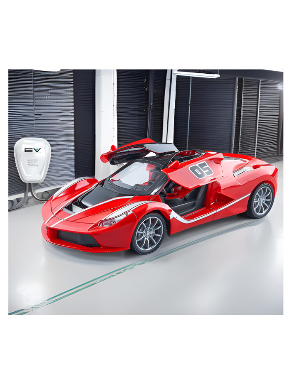 1:14 Scale High-Speed Rechargeable Remote Control Supercar – Electric RC Sports Car with Butterfly Doors, EV Charging Station Model & 2.4GHz Steering Wheel Controller (Red Velocity Series) MD2789