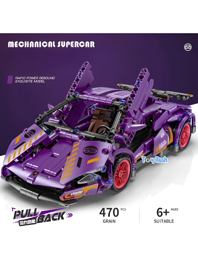 Mechanical Supercar Building Block Set – 1:18 Scale Purple Pull-Back Racing Car Toy with Scissor Doors & Rotating Steering Wheel – Creative STEM Kit for Kids Ages 6+ TV6044