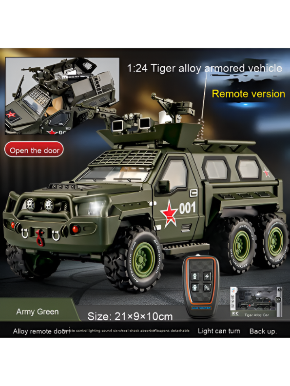 Tiger Alloy RC Armored Vehicle: 1/24 Military 6x6 Off-Road Truck with Removable Machine Gun, Simulation Sound & Lighting, and Functional Hood/Doors TV5619